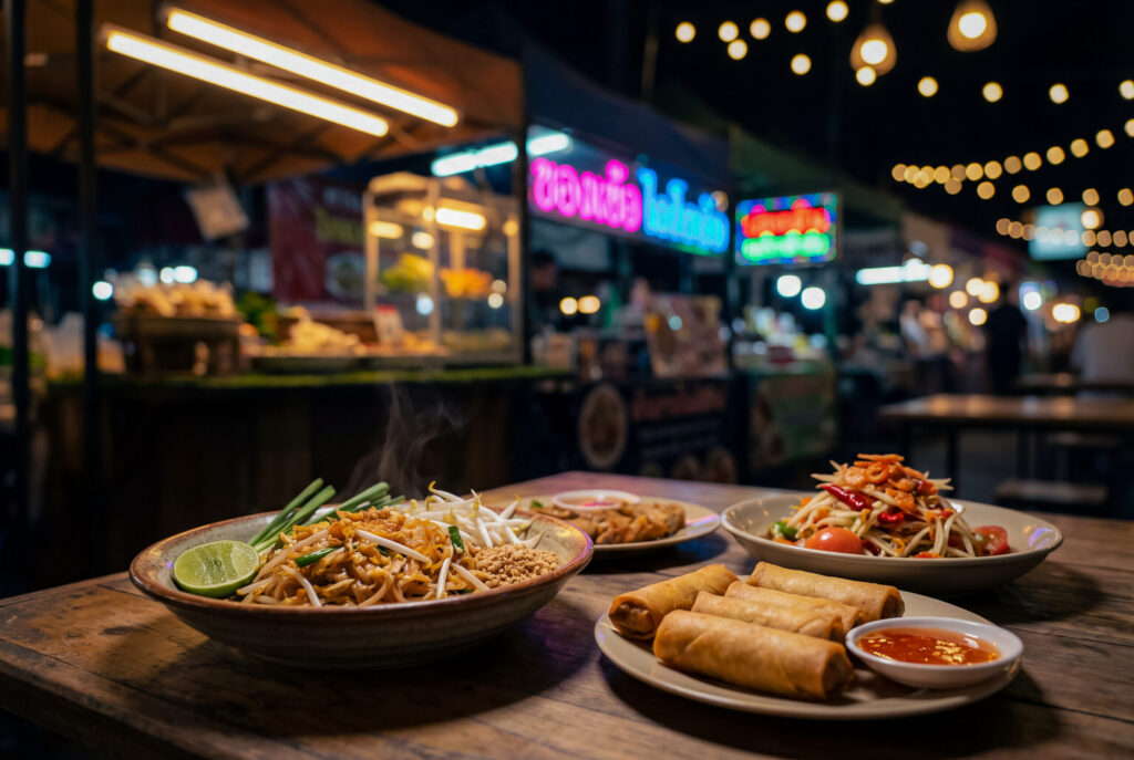 Thai Dishes on a Wooden Table - an appetizing close-up of Thai food, including Pad Thai noodles, Som Tam (papaya salad), and spring rolls, on a rustic wooden table